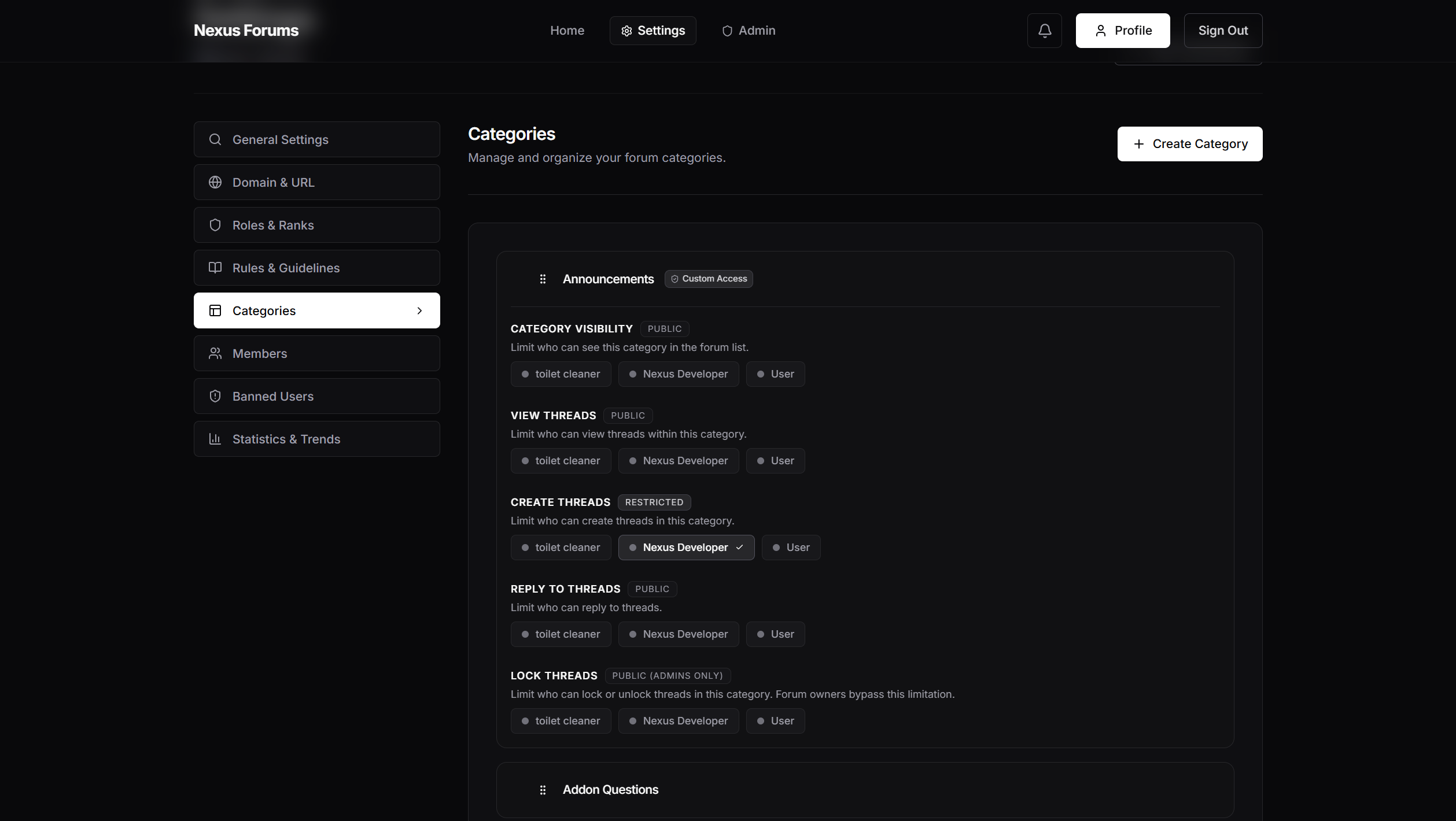 Settings: Customize Category Permissions