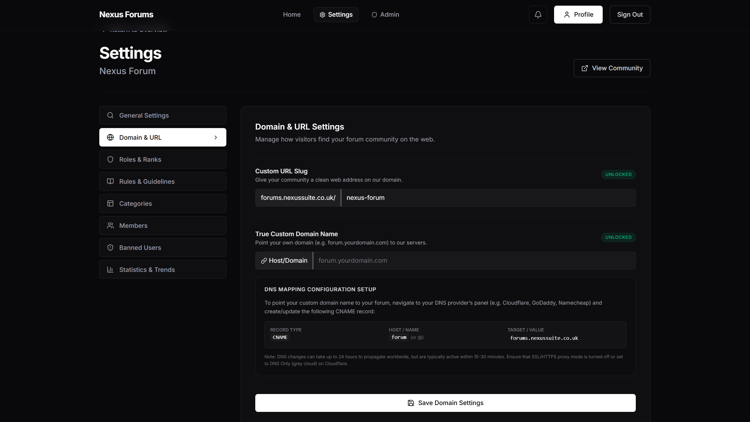 Settings: Custom Domain Configuration