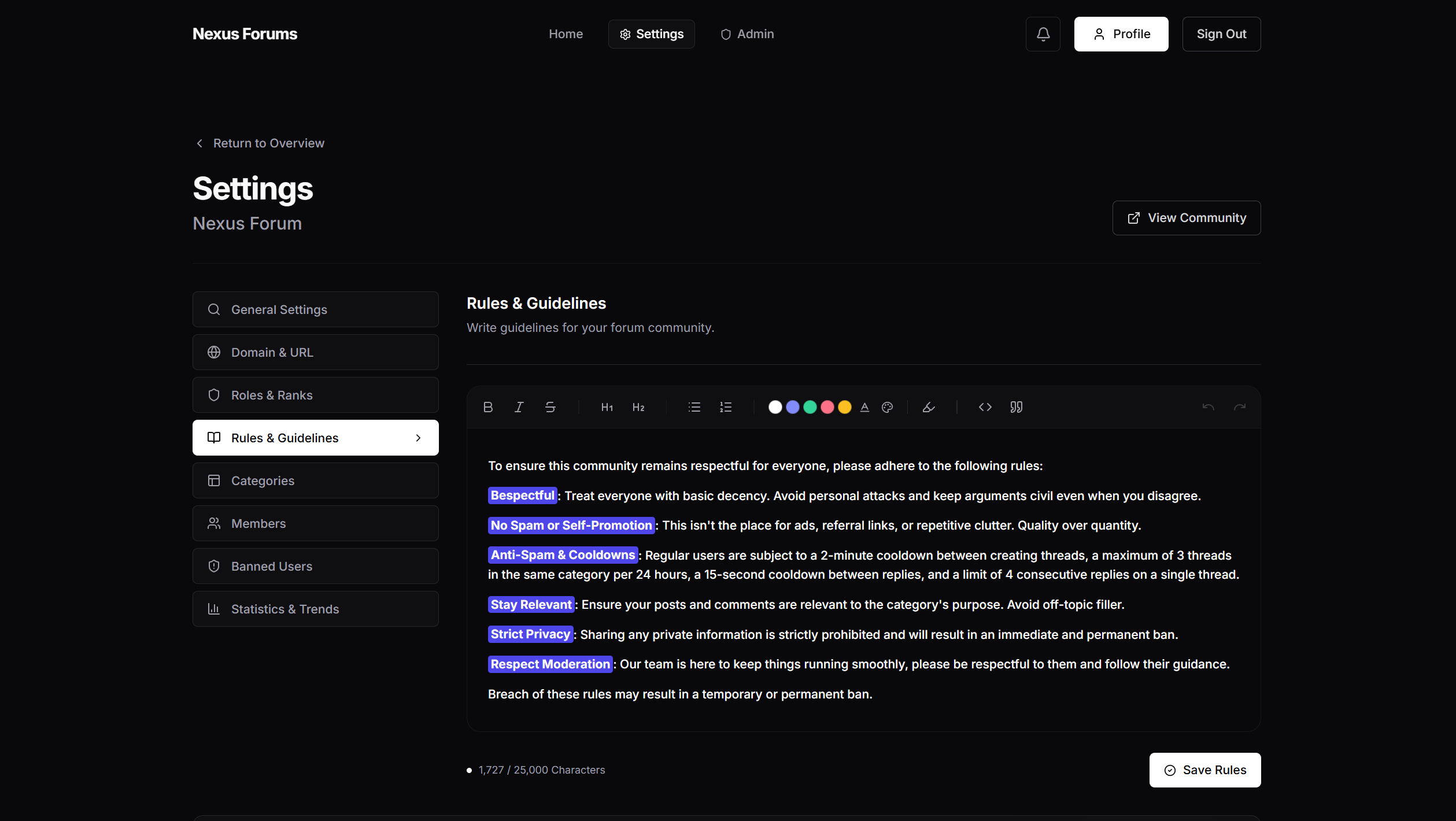 Settings: Rules & Guidelines
