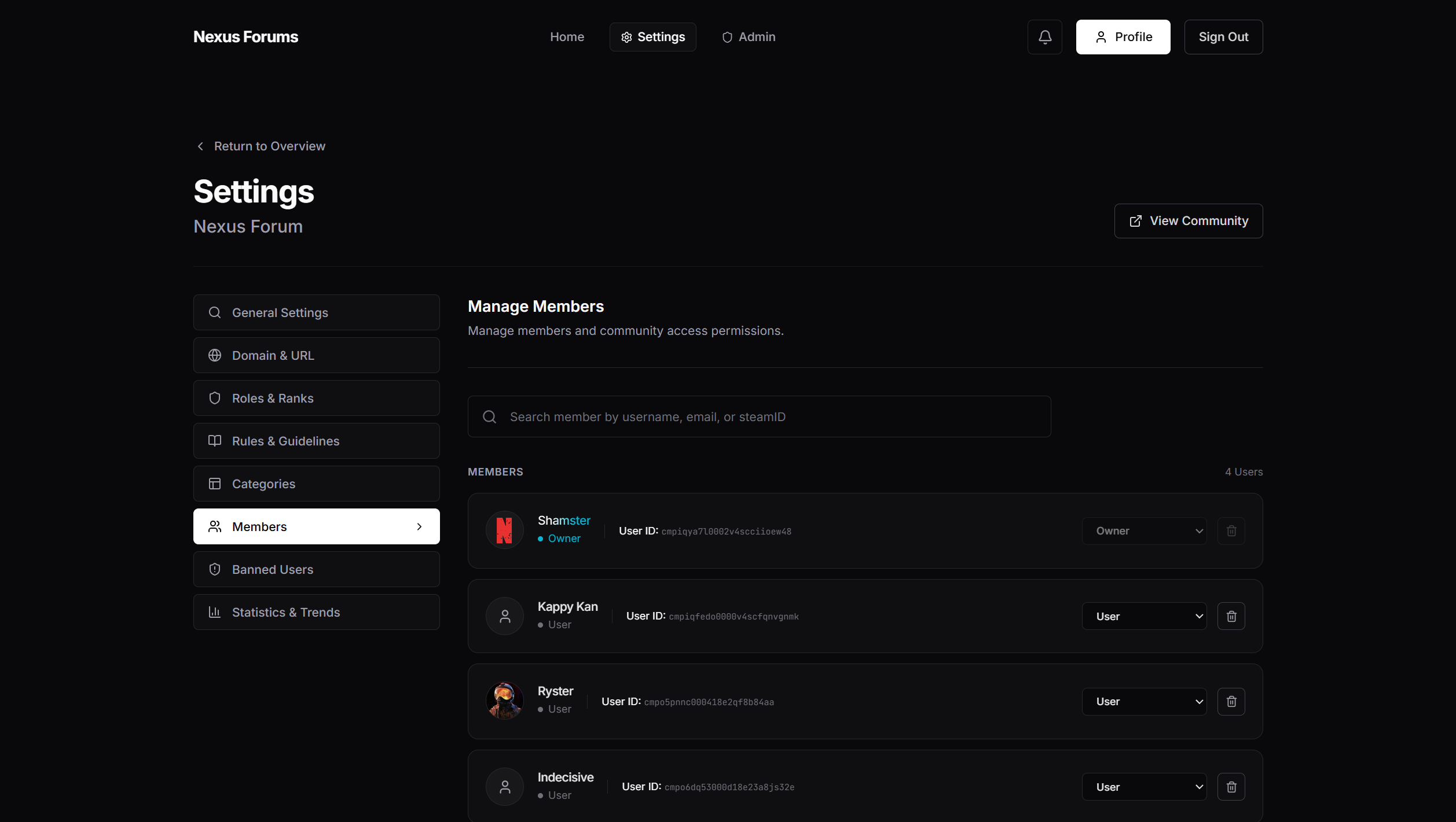 Settings: Member List